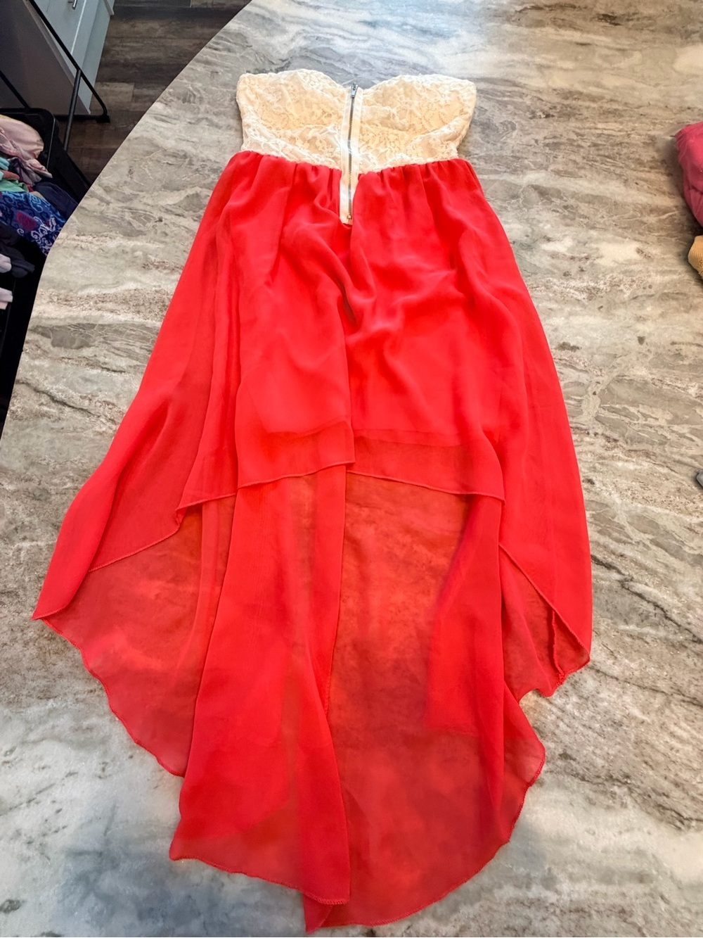 Papaya Medium Coral Ivory Lace Strapless High Low Maxi Formal Dress